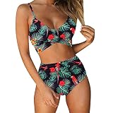 Damen Bikini Set Knoten Bralette Bikini Bademode Bandeau Keyhole High Waist Bikinihose Zweiteiliger Badeanzug Trägern Hinten Gestreifte Bademode Wende-Slip Bauchweg Bademode Badeanzug
