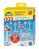 Lena 04440 - Verkehrszeichen Set mit 17 Teilen, mit 9 Verkehrsschilder ca. 16 cm, 5 Pylonen und 3 Bauzäunen, optimal für Lena Spielfahrzeuge Truxx, Worxx, Truckies, EcoAktives, Ak
