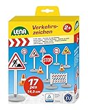 Lena 04440 - Verkehrszeichen Set mit 17 Teilen, mit 9 Verkehrsschilder ca. 16 cm, 5 Pylonen und 3 Bauzäunen, optimal für Lena Spielfahrzeuge Truxx, Worxx, Truckies, EcoAktives, Ak