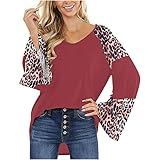 Damen-Tops, schickes Oberteil mit Rundhalsausschnitt, Leopardenmuster, genähtes Oberteil, Langarm-T-Shirts, Sweatshirts für Damen, Casaul Tee Blusen Pullover, E-Rot, Larg