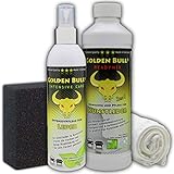 GOLDEN Bull Kunstlederpflege Set intensiv | Ökologischer Kunstleder-Reiniger 500ml, Kunstleder-Pflegemittel intensiv 250ml, Schwamm & Tuch | für Auto Sofa Couch Boot Yacht | biologisch & Z