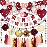 CHMMY Mädchen Geburtstag Dekorationen Geburtstagsdeko Rosegold Rosegold Weinrot Luftballons Konfetti Burgunder Weiß Pink Banner Happy Birthday Herz Folienballon Papierquasten für Mädchen Partydek