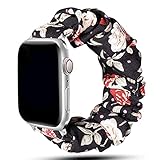 Scrunchie Strap für Apple Watch, Elastisches Nylonarmband Loop Band für iWatch Series SE/6/5/4/3/2/1-Schwarze rote Blume,38mm oder 40mm,L (152mm-198mm)