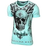 Baxboy Herren Vintage Totenkopf Kurzarm T-Shirt mit Strass Steinen Slim Fit Design Fashion Top Print Shirt JA-2312, Farbe:Türkis, Größe:XL