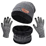 Petrunup Beanie Hut Schal Handschuhe Strick für Herren Damen Fleece Mütze + Halswärmer + Handschuhe Touchscreen Winter G