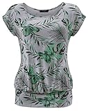 DOTIN Damen T-Shirt Rundhals Kurzarmshirt Allover Durck Stretch Tunika Casual Oberteil Bluse Tops, Grau, L