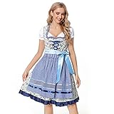 Heflashor Damen Dirndl Kleid Midi Trachtenkleid Set 3 teilig mit Bluse Kleider und Schürze,Bayerische Traditionelles Kleid Biermädchen Karnevalskostüme,B-Blau,L