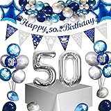 Sumtoco Deko 50 Geburtstag Mann, Blau Silber Geburtstagsdeko 50, Luftballon 50. Geburtstag Golden, Happy Birthday 50 Jahre Girlande, Folienballon 50 Konfetti Ballon für Männer 50. Dekoration. (50)