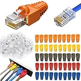 SHUXAG RJ45 Stecker, 50 Sets Ethernet Stecker CAT6/CAT5E, 50 Setsknickschutz, RJ45 Netzwerkstecker für Netzwerk Verlegekabel, Ungeschirmt Klar mit Knickschutz, Ethernet LAN Kabel Steck