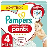 Pampers Baby Windeln Pants Größe 4 (9-15kg) Premium Protection, Maxi, 160 Höschenwindeln mit Stop- und Schutz Täschchen, MONATSBOX