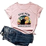 Mikialong T-Shirt für Damen, Motiv: Pew Pew Madafakas, süßes schwarzes Katzen-Motiv, Baumwolle, kurzärmelig, rose, S