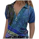 Kurzarm T-Shirt Tops Rundhalsausschnitt Langarmshirt Revers Frauen Patchwork Lässige Pullover Retro Drucken Lose Sweatshirt Oberteile Bluse (C-Blau, 3XL)