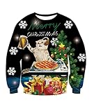 Fanient Weihnachtspullover für Herren 3D Drucken DJ Cat Muster Ugly Christmas Sweater L