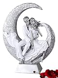 Moderne und exklusive Skulptur Liebespaar auf dem Mond aus Keramik weiß/silber Höhe 40