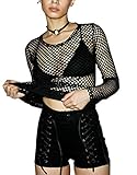 Carolilly Damen Netzoberteil Transparent Tüll Mesh Bluse Langarm Top Party Clubwear (S, Schwarz)