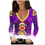 Cyuchey Weihnachten Sexy Schulterfrei Oberteil Damen Off Shoulder Langarmshirt Hirsch Muster Aufdruck Tunika Weihnachtsmann Druck T-Shirt Farbblock Pullover Langarm Neckholder Top B