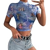 pitashe Bauchfrei Crop Tops Damen-T-Shirts Beiläufige Kurze Ärmel Sommer Feste Kleiner Engel Drucken Rollkragenpullover Aktueller Trend T-Shirt Wild Charme Oberteil Camisole Weste Bluse Top Tank