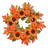 MXXDB 22 Zoll Künstlicher Sonnenblumen-Kürbis-Kranz， Herbstkranz mit LED-Lichterketten Dekorativer Herbstblumenkranz für Thanksgiving-Halloween-Dek