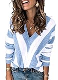 Dokotoo Damen Strickpullover V-Ausschnitt Casual Pullover Warm Oberteil Tops Streifen Sweater Elegant Herbst Winter Sweatshirt Hellblau S