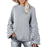 Übergroße Strickpullover für Damen Casual Langarm Pullover mit Rundhalsausschnitt Oberteile Einfarbige, gerippte, lockere Pullover-Hemden (S,Grau)