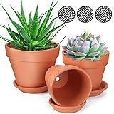 10,2 cm & 12,9 cm & 14,9 cm Terrakotta-Töpfe für Innen- und Außenbereich, Ton-Töpfe für Pflanzen, Dekoration, DIY-Färbung (3 Terrakotta-Töpfe mit Untersetzer + 3 Stück Netz-Pads)
