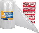 Cymax Luftpolsterfolie f眉r Umzug, 300 mm x 11 m, kleine Luftpolsterfolie zum Verpacken und , alle 30 cm perforiert, 10 Aufkleber mit Aufschrift 'Fragile'