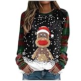 WANGTIANXUE Weihnachten Sweatshirt Damen Oberteile Bluse Kariertes Patchwork Print Langarm Rundhals Stitching Pullover Rotweinglas Christmas Grafik Shirt Casual Tunika Teenager M