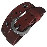 Zense – Herren-Armband verstellbar aus Leder Rot Double Turm mit Nägel Stern Stahl und Gürtel-Schnalle zb0121