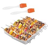 EMAGEREN Grillspieße edelstahl BBQ Schaschlikspieße Edelstahl Set Grillspieß Aufsatz Grill-Rahmen Schaschlik Fleischspieße BBQ Grill-Zubehör mit 6 Spießen, 2 Silikonbürsten für Schaschlikg