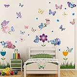 KAIRNE 33 Stück Wandtattoo Blumen Rosa,Schmetterling Fensteraufkleber,Rosen Pfingstrose Wandtattoo für Mädchen Schlafzimmer,Aquarell Tiere Wandaufkleber Fenstersticker für Wohnzimmer Kinderzimmer Dek