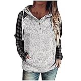 FMYONF Damen Plaid Sweatjacke,Halloween Weihnachten Pulli Kapuzenjacke Hoodie mit Tasten Jacke Lose Langarmshirt Pullover Sweatshirt Oberteile Tops mit Tasche(Grau,L)