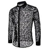 AWDX 2021 Schickes Satin Hemd mit Spitze Herren Außergewöhnliche Hemden Bräutigam Hemd Regular Fit Coole Atmungsaktiv Hochzeitshemd Weiß Ausgefallene Hemden für Männer S bis XXL