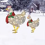 Leucht-Huhn mit Schal Metall-Huhn Weihnachtsschmuck Batteriebetriebenes Huhn Weihnachtsdeko Hühner Huhn Tier Pfähle Garten Metall Huhn Familie Zeichen Pfähle für Boden Rasen Outdoor Dekor (2PCS)