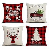 Kissenbezug 60x60cm,Kissenbezug Weihnachten 4er Set,Schwarzer roter Tartan-Weihnachtsbaum-Hirsch Deko Sofa Kissen Kissenhülle, Quadrat Samt Kopfkissenbezug,Kissenbezüge für Home Couch Auto Dek