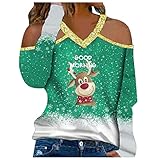 Zilosconcy Weihnachtspullover Damen Weihnachten Bedrucktes Langarm Off Shoulder Beiläufiges T-Shirt Damen Festival V-Kragen Weihnachtskleid Christmas Sweater Jumper Xmas Pulli Weihnachts Ob