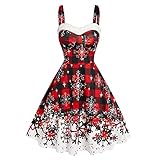 Lazzboy Kleid Festlich Damen Weihnachten Plaid Frauen Santa Schneeflocke Print Camis ärmelloses Party Abendkleid Kostüm Langarm Weihnachtskleider Midi Tunika Karneval Cosplay (Wein,L)