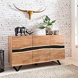 FineBuy Sideboard 148 x 85 x 43 cm Massiv-Holz Akazie Natur Baumkante Anrichte | Landhaus-Stil Highboard mit 3 Türen | Flur Schrank