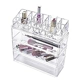 DJUNXYAN 4 In 1 3 Layer Cuboids Große Space Multifunktion Abnehmbare Kombination Double-Deck Acryl Make Up Organizer Kosmetikbox mit 24 Abschnitten Lipp