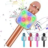 Bluetooth Karaoke Mikrofon, 5 in 1 Drahtloser Mikrofon für kinder, Kinder Mikrofon mit LED-Leuchten | einstellbarem Remix |FM-Radio, tragbares Mikrofonspielzeug für IOS/Android/PC/Smartphone(Roségold)