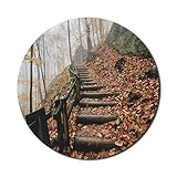 Appalachian Trail Mauspad für Computer, Holztreppen und gefallenes Herbstlaub auf dem Boden im Nebelwald Foto, rundes rutschfestes dickes Gummi modernes Gaming-Mauspad, rund, grünb