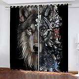 WBDJTX Vorhang Blickdicht Wohnzimmer, Thermogardine Schlafzimmer 2Er Set, Verdunkelungsvorhang Mit Ösen, Vorhänge Kinderzimmer 200X215 cm 3D Kreatives Wolfsporträt Druck Fensterdek