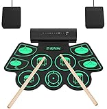 Uverbon 9 Pad E-Drum-Kit MIDI-Drum-Matte Protable Roll Up Digital Music Pad Eingebauter Stereo-Lautsprecher mit 2 Fußpedalen USB-Ladegerät für Kinder und Anfäng