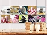 GRAZDesign Vinyl Fliesen selbstklebend Wellness, Wandfliesen selbstklebend Kerzen, Fliesenspiegel selbstklebend Spa Set, Fliesenaufkleber Küche Erholung / 15x15cm / Set 20 Stück