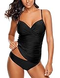 Roskiky Damen Zweiteiliges Tankini Set mit gerüschter Vorderseite Schwarz Größe XL