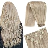 YoungSee Echthaar Extensions Clip Blond Strähnchen Doppelt Tressen Haarextension Echthaar Clip Glatt Remy Extensions Echthaar Clip in Dickes Haare Aschbraun mit Blond 7 Tressen 100gramm 35