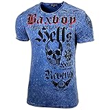 Baxboy Herren Sommer Rundhals-Ausschnitt Vintage Oil Washed Sportlich elegant Totenkopf Kurzarm T-Shirt Slim Fit Design Crew Neck Fashion Top Print Shirt B-06, Farbe:Sax, Größe:2XL