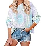 DOMBX Damen Tie Dye Hoodie Kapuzenpullover Schulterfrei Langarm Lose Pullover Sweatshirt Farbblock Bluse Tunika Tops Langarmshirt Oberteil Frauen Casual Baumwolle Elegant Pulli T-S