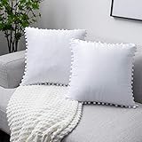 UPOPO 2er Set Samt Kissenbezug mit Pompoms Dekorative Einfarbig Kissen Kissenhülle Kissenbezüge Dekokissen Zierkissen Sofakissen für Sofa Schlafzimmer Wohnzimmer mit Reißverschlüsse 45 X 45cm Weiß