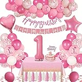 1st Geburtstagsdeko Rosa Geburtstag Luftballons Happy Birthday Banner mit Großem Ballon 1. und Rosa Weißen Konfetti Luftballons und Tischdecke für Kindergeburtstag Mädchen Tochter Babyparty Party Dek