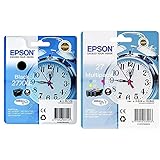 Epson Original 27XXL Tinte Wecker (WF-3620DWF WF-3640DTWF WF-7110DTW WF-7210DTW WF-7610DWF WF-7620DTWF) schwarz & C13T27054022 Tri Farbe (Gelb, Magenta, Cyan) Original Tintenpatronen Pack of 1